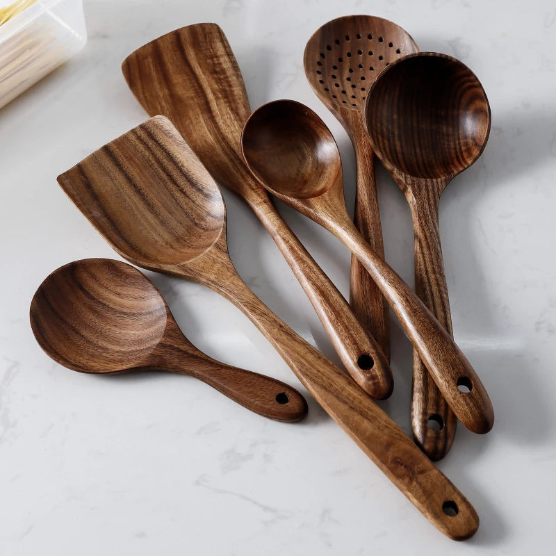 Thailand Teak Natural Wooden Tableware Spoon Ladle Turner Long Rice Strainer Soup Skimmer Spoons Kitchen Scoop Kitchen Utensil Set