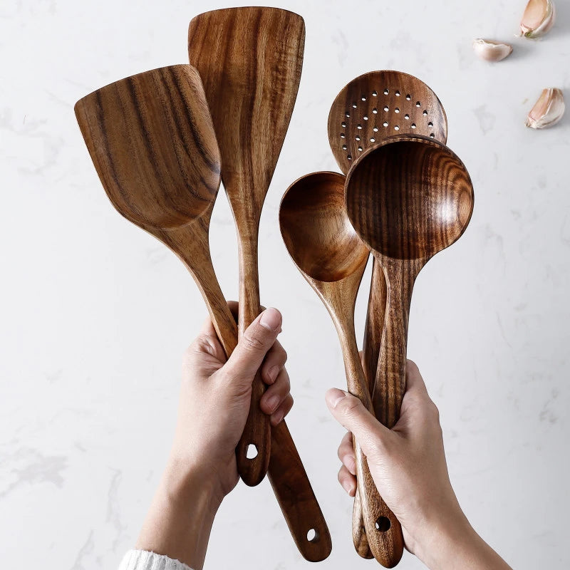 Thailand Teak Natural Wooden Tableware Spoon Ladle Turner Long Rice Strainer Soup Skimmer Spoons Kitchen Scoop Kitchen Utensil Set