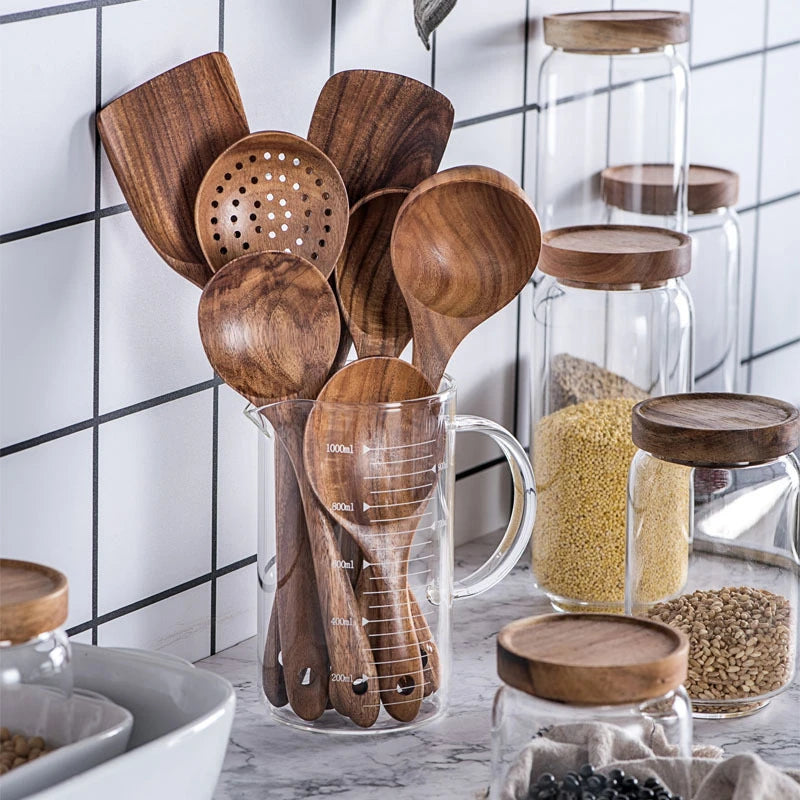 Thailandia Teak stoviglie in legno naturale cucchiaio mestolo Turner lungo riso colino zuppa Skimmer cucchiai da cucina Scoop Set di utensili da cucina