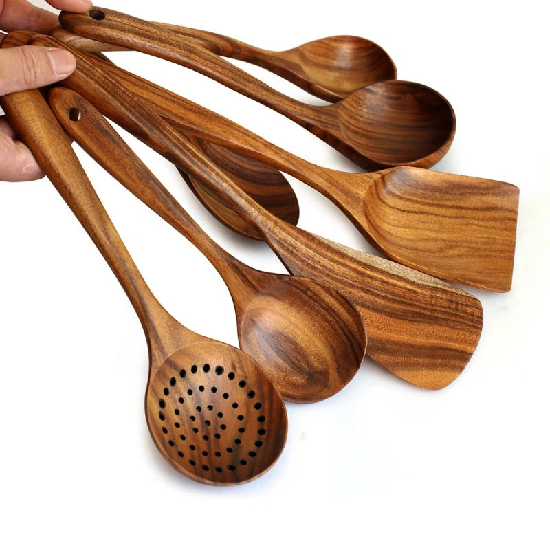 Thailand Teak Natural Wooden Tableware Spoon Ladle Turner Long Rice Strainer Soup Skimmer Spoons Kitchen Scoop Kitchen Utensil Set