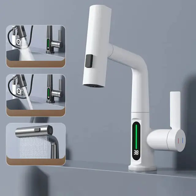 Tirando sollevamento display digitale rubinetto cascata lavabo rubinetto flusso spruzzatore acqua calda fredda miscelatore lavabo rubinetto per bagno