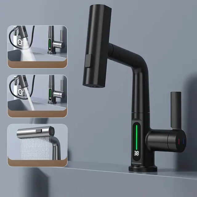 Tirando sollevamento display digitale rubinetto cascata lavabo rubinetto flusso spruzzatore acqua calda fredda miscelatore lavabo rubinetto per bagno