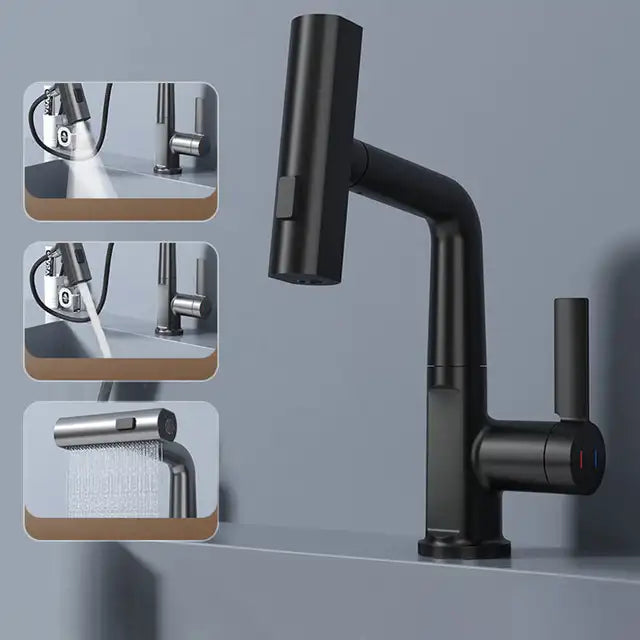 Pulling Lift Digital Display Waterfall Faucet Basin Tap Flow Sprayer Hot Cold Water Basin Mixer Tap for Bathroom