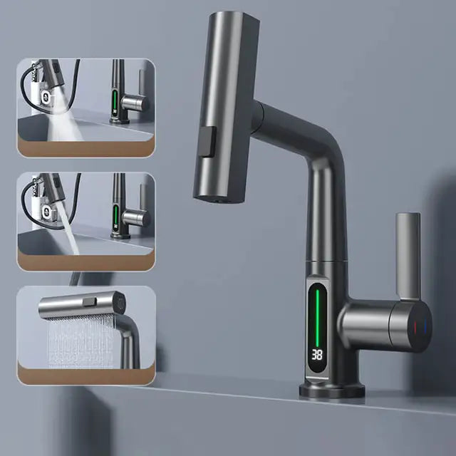 Tirando sollevamento display digitale rubinetto cascata lavabo rubinetto flusso spruzzatore acqua calda fredda miscelatore lavabo rubinetto per bagno