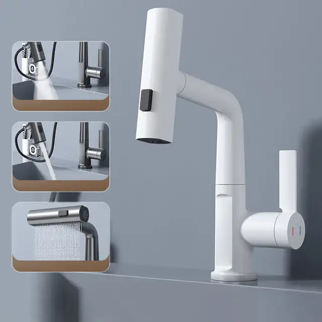 Pulling Lift Digital Display Waterfall Faucet Basin Tap Flow Sprayer Hot Cold Water Basin Mixer Tap for Bathroom