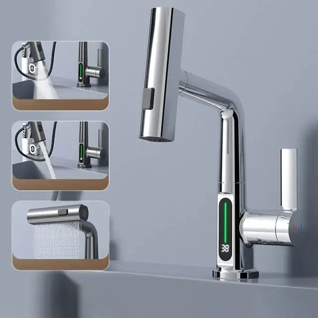 Tirando sollevamento display digitale rubinetto cascata lavabo rubinetto flusso spruzzatore acqua calda fredda miscelatore lavabo rubinetto per bagno