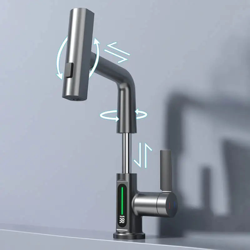 Pulling Lift Digital Display Waterfall Faucet Basin Tap Flow Sprayer Hot Cold Water Basin Mixer Tap for Bathroom