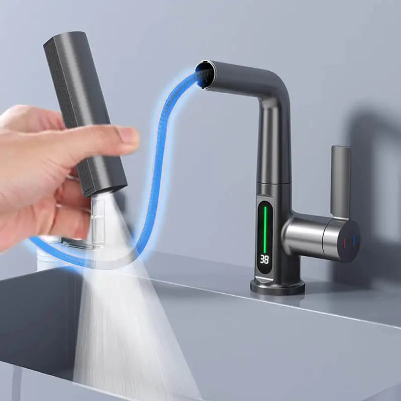 Pulling Lift Digital Display Waterfall Faucet Basin Tap Flow Sprayer Hot Cold Water Basin Mixer Tap for Bathroom