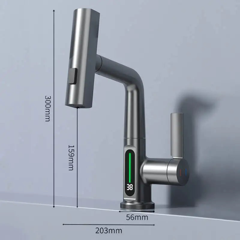 Tirando sollevamento display digitale rubinetto cascata lavabo rubinetto flusso spruzzatore acqua calda fredda miscelatore lavabo rubinetto per bagno