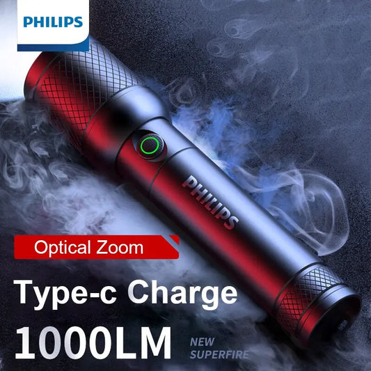 Torcia elettrica portatile con Zoom ottico Philips con 4 modalità di illuminazione USB C ricaricabile per campeggio di autodifesa