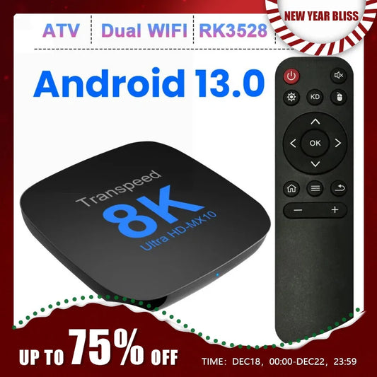 Transspeed Android 13 TV Box ATV Dual Wifi mit TV Apps 8K Video BT5.0+ RK3528 4K 3D Voice Media Player Set Top Box