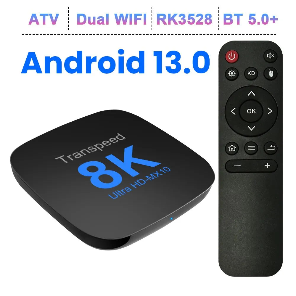 Transspeed Android 13 TV Box ATV Dual Wifi mit TV Apps 8K Video BT5.0+ RK3528 4K 3D Voice Media Player Set Top Box