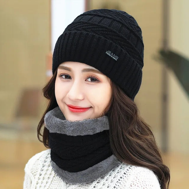 Two-Piece Set Fashion Women Knitted Hat Scarf Caps Neck Warmer Winter Hats For Men Women Skullies Beanies Warm Fleece Cap