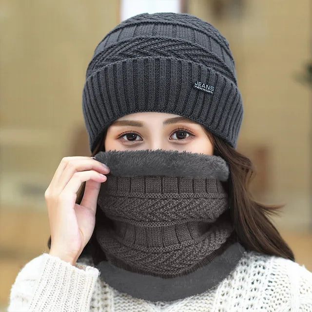 Two-Piece Set Fashion Women Knitted Hat Scarf Caps Neck Warmer Winter Hats For Men Women Skullies Beanies Warm Fleece Cap