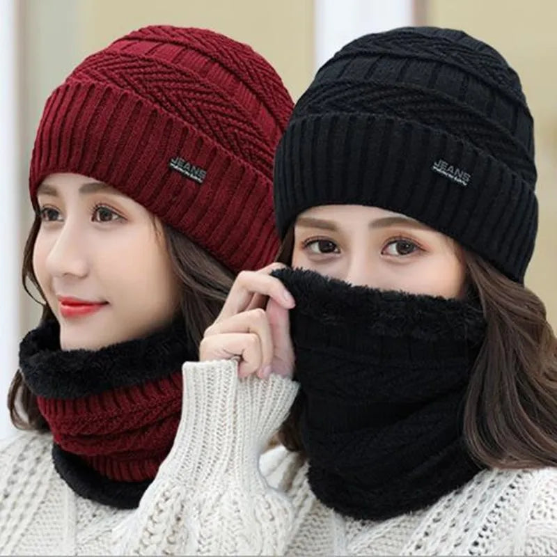 Two-Piece Set Fashion Women Knitted Hat Scarf Caps Neck Warmer Winter Hats For Men Women Skullies Beanies Warm Fleece Cap