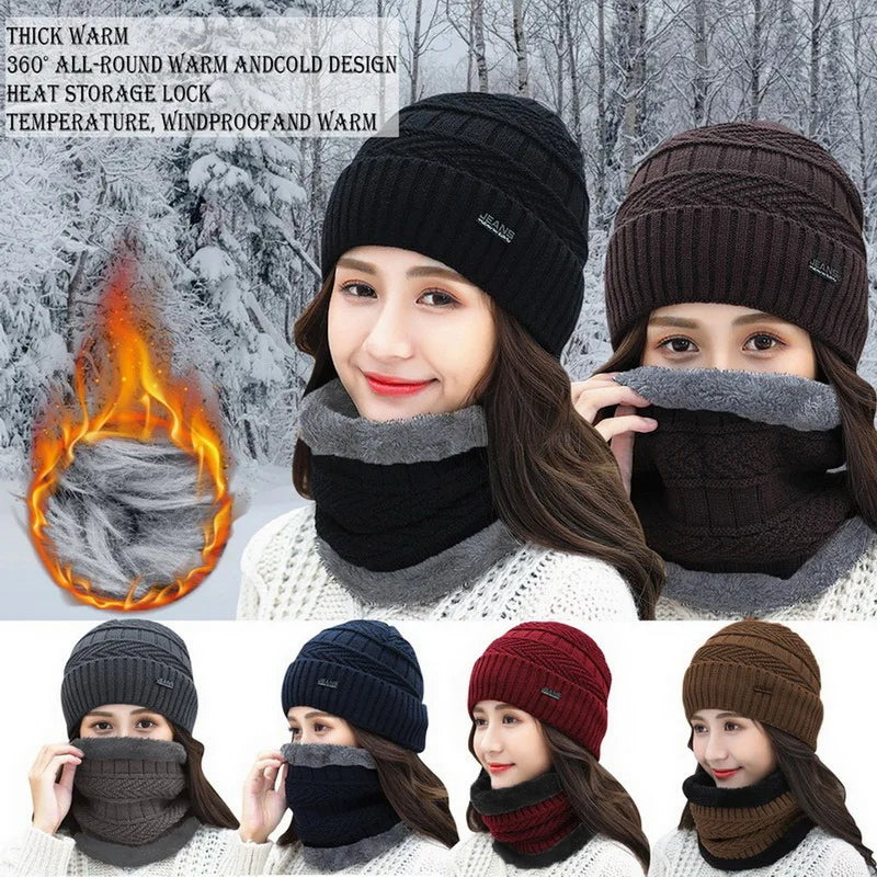 Zweiteiliges Set, modische Damen-Strickmütze, Schal, Kappen, Halswärmer, Wintermützen für Männer und Frauen, Skullies-Mützen, warme Fleece-Kappe