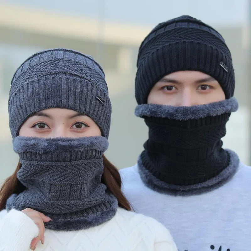 Two-Piece Set Fashion Women Knitted Hat Scarf Caps Neck Warmer Winter Hats For Men Women Skullies Beanies Warm Fleece Cap