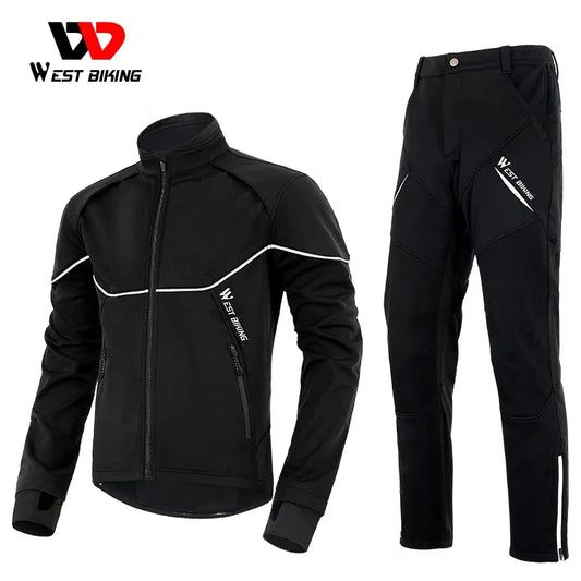 WEST BIKING Winter Men Cycling Outfit Fleece Warm MTB Jacket Reflective Cycling Sportwear Jerseys Pants Thermal Sport Gear