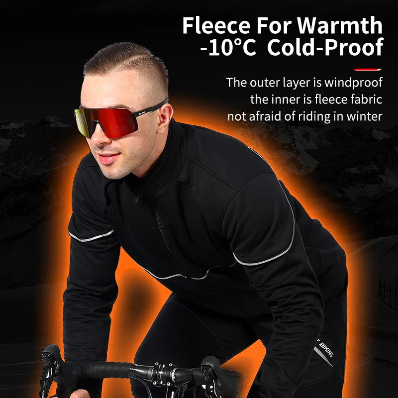 WEST BIKING Winter Men Cycling Outfit Fleece Warm MTB Jacket Reflective Cycling Sportwear Jerseys Pants Thermal Sport Gear