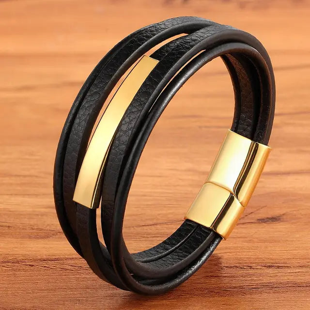 XQNI Geometric Accessories Stainless Steel Combination Luxury Multilayer Style Classic Leather Men's Bracelet for a Nice Gift