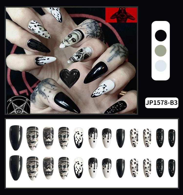 Long Almond Water Drop Fake Nail Patch Halloween Skull Wear Manicure