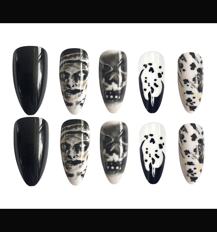 Long Almond Water Drop Fake Nail Patch Halloween Skull Wear Manicure