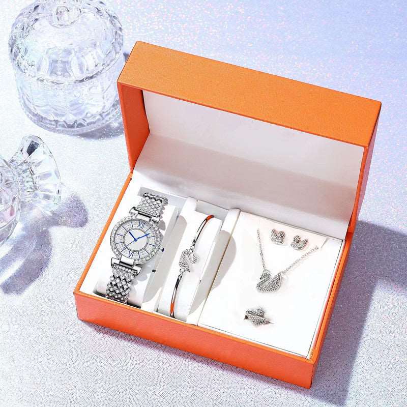 Full Diamond Roman Characters Five-piece Women's Fashion Watch Set