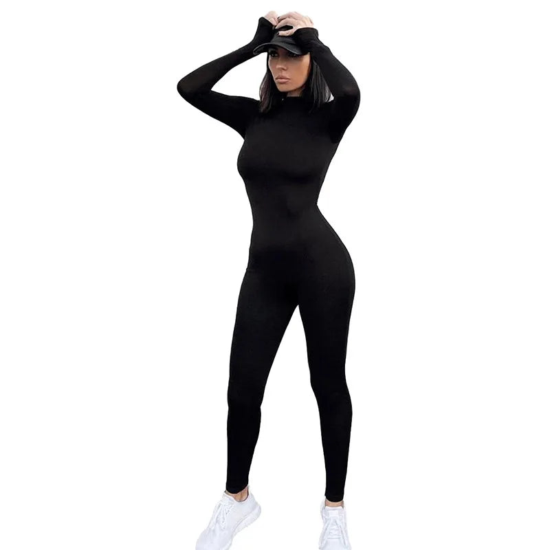 solid black/gray long sleeve skiing jumpsuit women elastic .