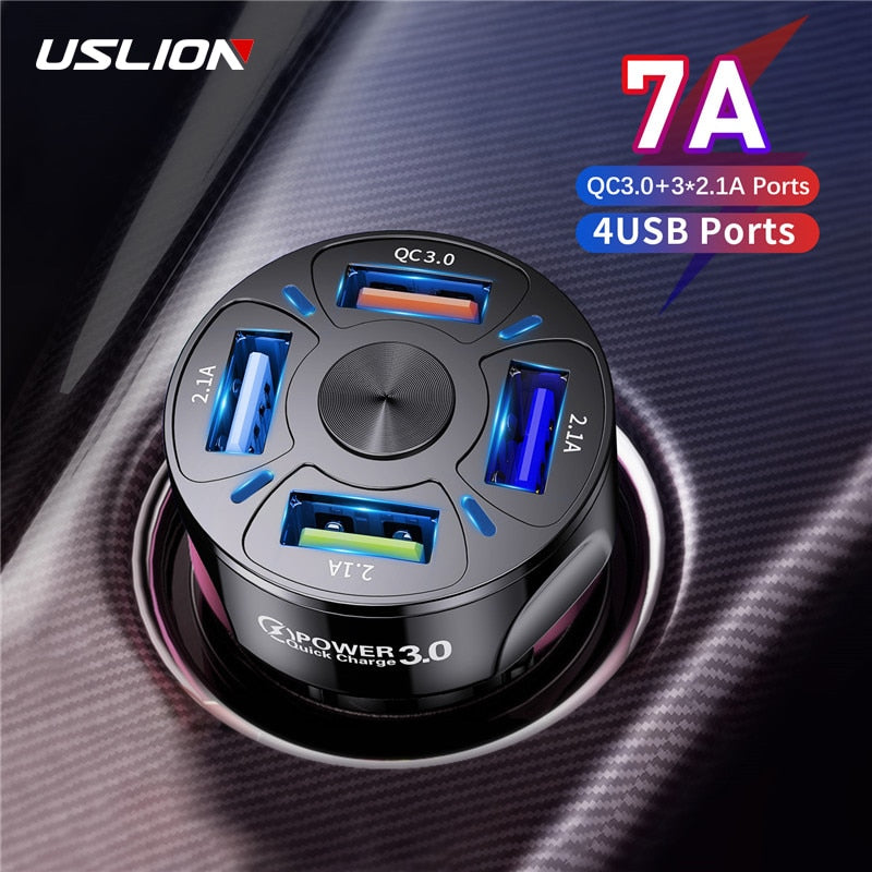 USLION 4 Ports USB Autoladung 48W Schnell 7A Mini Schnellladung für iPhone 11 Xiaomi Huawei Handy-Ladegerät-Adapter im Auto